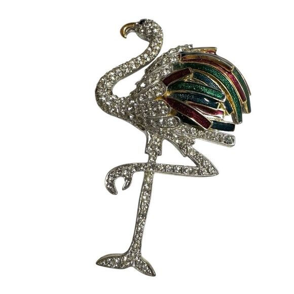 Butler and Wilson, Flamingo Brooch with red and green enamel and rhinestones - Picture 1 of 12